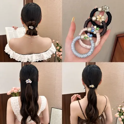 Elasticino per Capelli con Strass Fiore Perla Artificiale Alta Elasticità Supporto per Coda di Cavallo Stile Dolce Accessori per Capelli per Donne