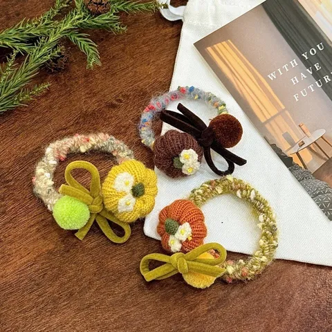 Autunno Inverno Retro Elastico per Capelli Lavorato a Maglia Fiore di Zucca Fiocco Dolce Anello di Capelli di Lana Accessori per Capelli Donna