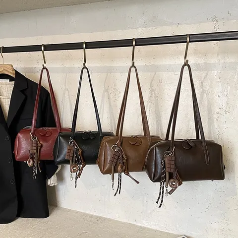 Women Retro Bowling Bag PU Leather Vintage Shoulder Underarm Pillow Bag Chic Casual Top Handle Satchel Handbag