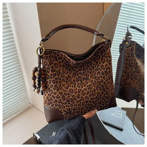 Retro Suede Patchwork Shoulder Bag Megali Horitikotita Leopard Commuter Crossbody Handbag Vintage Tote Bag For Women