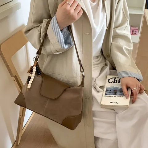 Retro PU Suede Patchwork Shoulder Bag For Women Casual Solid Color Underarm Bag Vintage Daily Handbag