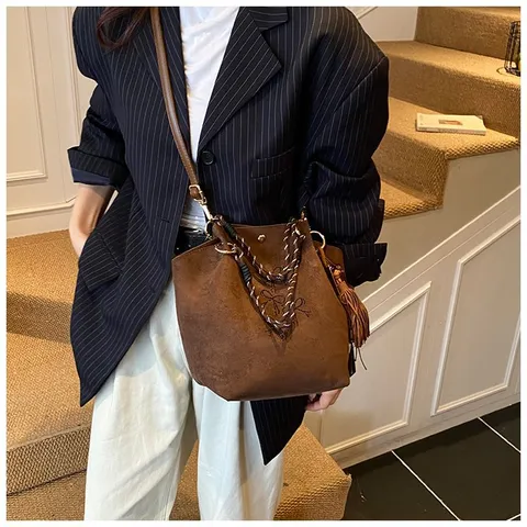 Women Suede Bucket Bag Fashion Crossbody Handbag With Bow Tassel Design Casual PU Leather Shoulder Bag For Daily Use