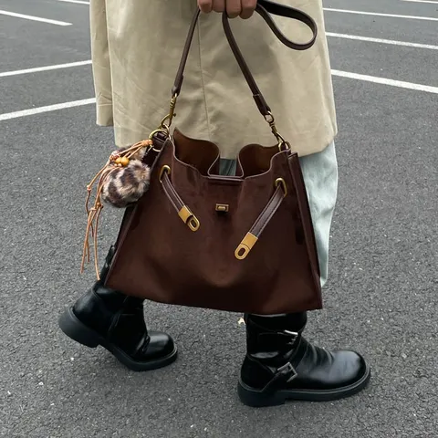 Vintage Frosted PU Leather Tote Bag For Women Large Capacity Commuter Shoulder Crossbody Bag With Purse And Pendant