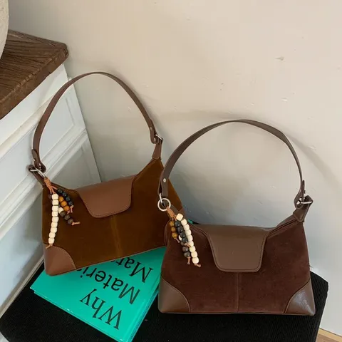 Retro PU Suede Patchwork Shoulder Bag For Women Casual Solid Color Underarm Bag Vintage Daily Handbag