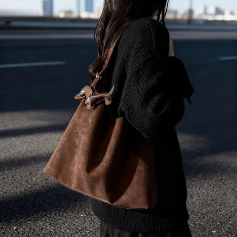 Retro Minimalist Large Capacity Commuter Shoulder Underarm Bag PU Leather Hobo Handbag With Cute Dog Pendant