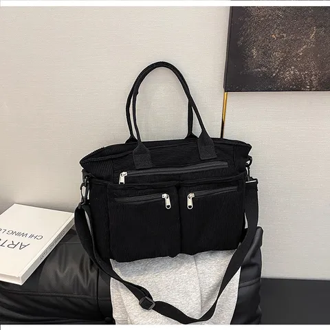 Women's Vintage Corduroy Tote Bag Large Capacity Casual Shoulder Crossbody Bag Multi Pocket Handbag Commuter Bag