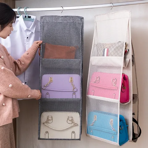 Organisateur de Sac à Main Suspendu pour Placard Sac de Rangement en Tissu avec Poches Transparentes et Crochet Pivotant Grand Support de Garde-Robe