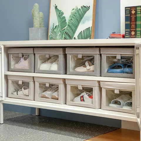 Foldable Shoe Storage Box Fabric Dustproof Organizer Container With Clear Visible Window For Bedroom Closet Home Shoes