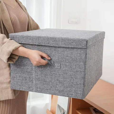 Foldable Fabric Storage Box With Lidded Cotton Linen Clothes Organizer Large Capacity Storage Bin For Closet Home Bedroom