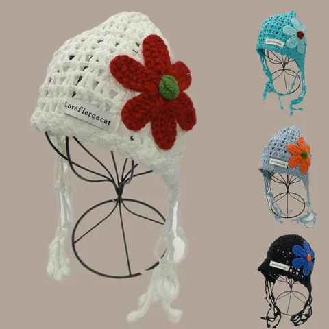 Handgemachte Häkeln Hohl Floral Strick Beanie Mütze Frauen Sommer Urlaub Sonnenschutz Hohl Out Quasten Hut Casual Strand Kopfbedeckung