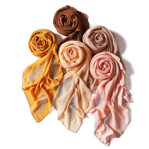 Women Fashion Chiffon Square Scarf Muslim Hijab Hot-Fix Rhinestone Leaf Head Scarf Lightweight Breathable Daily Wear