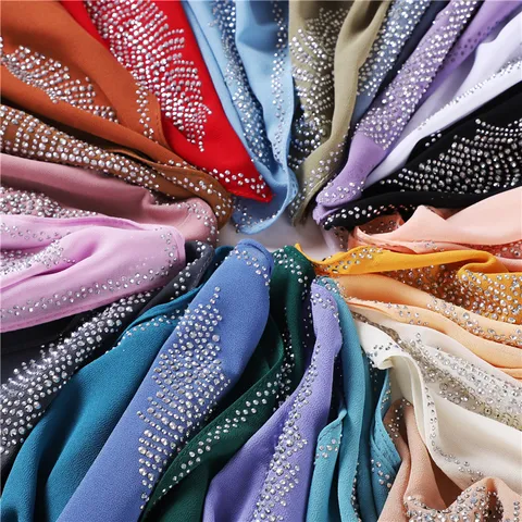Women Fashion Chiffon Square Scarf Muslim Hijab Hot-Fix Rhinestone Leaf Head Scarf Lightweight Breathable Daily Wear