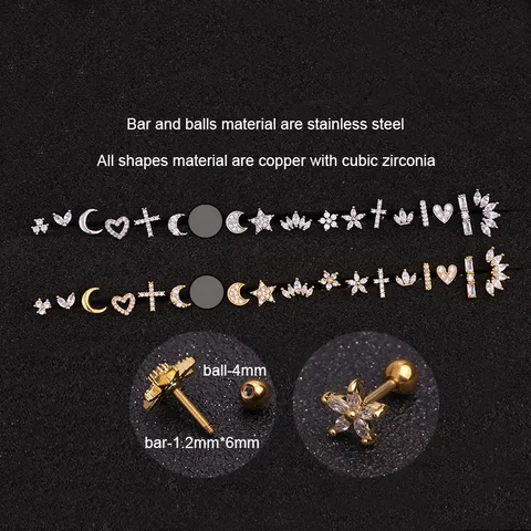 Stainless Steel Ear Cartilage Stud Earrings With Cubic Zirconia Heart Star Moon Piercing Jewelry Screw Back Ball