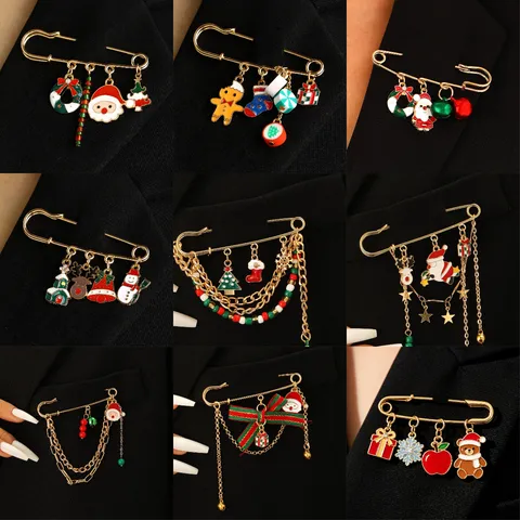 Christmas Safety Pin Brooch Gold Alloy Santa Claus Christmas Tree Elk Snowflake Dangling Charm Brooch Pin For Women Festive Jewelry