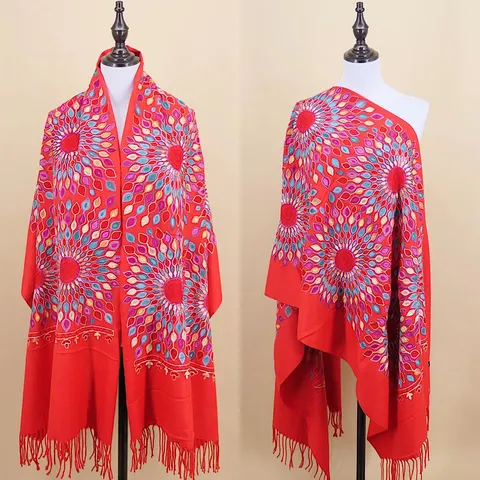 Damen Mode Ethnisch Stil Sonnenblume Bestickt Immitation Kaschmir Schal Warm Quaste Schal Reise Umhang