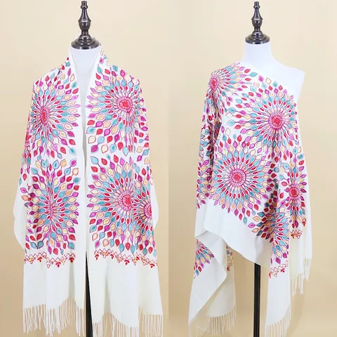 Damen Mode Ethnisch Stil Sonnenblume Bestickt Immitation Kaschmir Schal Warm Quaste Schal Reise Umhang