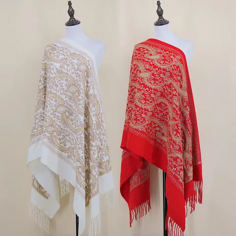Women's Winter Warm Long Imitation Cashmere Scarf Paisley Gold Wire Embroidery Tassels Shawl Blanket