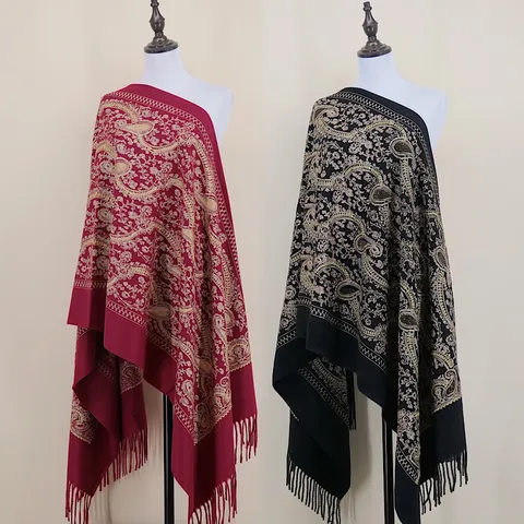 Women's Winter Warm Long Imitation Cashmere Scarf Paisley Gold Wire Embroidery Tassels Shawl Blanket