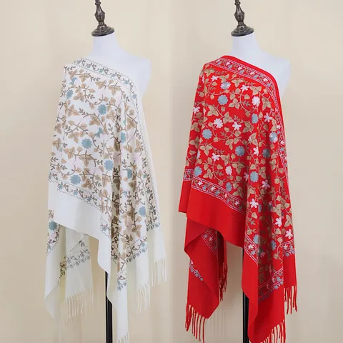 Damen Ethno Stil Ginkgoblatt Stickerei Imitation Kaschmir Schal Lange Quasten Warmer Winter Schal Wrap