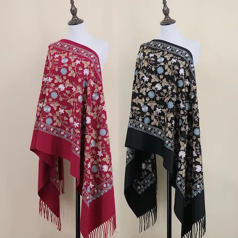 Damen Ethno Stil Ginkgoblatt Stickerei Imitation Kaschmir Schal Lange Quasten Warmer Winter Schal Wrap
