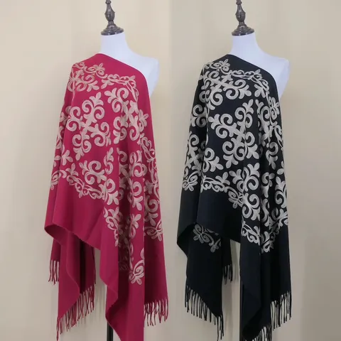 Etnische Totem Geborduurde Sjaal Dames Winter Warm Cashmere Feel Omslagdoek Met Kwastjes Lange Stola Reiscape