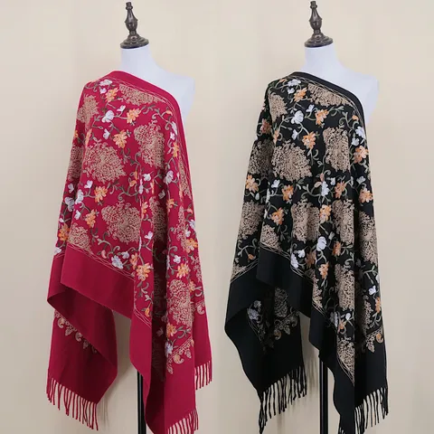 Ethnic Style Floral Embroidery Imitation Cashmere Scarf Women Warm Winter Long Shawl Tassel Fringe Blanket Wrap