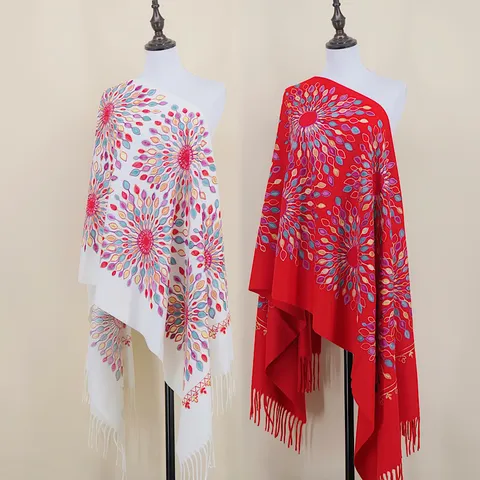 Bohemien Etnische Bloemen Geborduurde Kasjmier Gevoel Sjaal Dames Casual Warme Kwastje Sjaal Lange Winter Cape