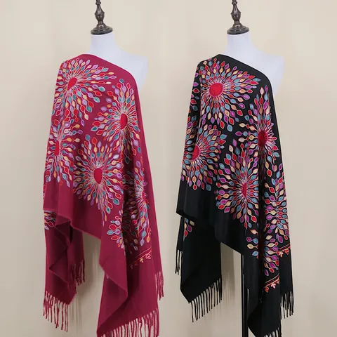 Bohemien Etnische Bloemen Geborduurde Kasjmier Gevoel Sjaal Dames Casual Warme Kwastje Sjaal Lange Winter Cape