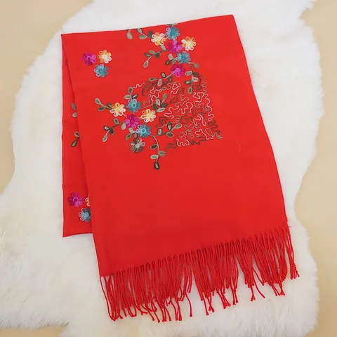 Ethenischer Imitierter Kaschmir Schal Pflanzenblüten Stickerei Langer Warmer Winter Umhang Quasten Für Damen