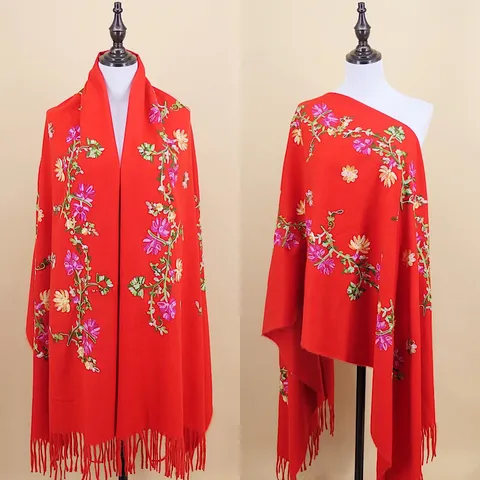 Women Imitation Cashmere Scarf Vintage Chinese Style Floral Embroidery Tassel Long Shawl Winter Warm Soft Scarf