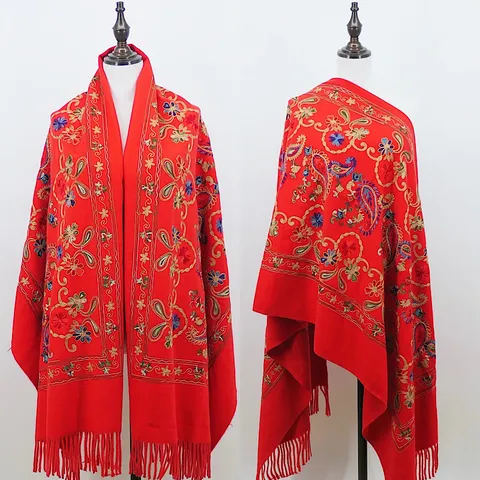 Dames Winter Warm Kaschmir Imitatie Sjaal Etnische Traditionele Paisley Bloemen Geborduurde Lange Kwastjes Sjaal