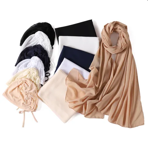 Dames Moslim Onderhoed En Effen Parel Chiffon Sjaal Set Ademende Mesh Hoed Hijab Hoofddoek Mode Accessoires