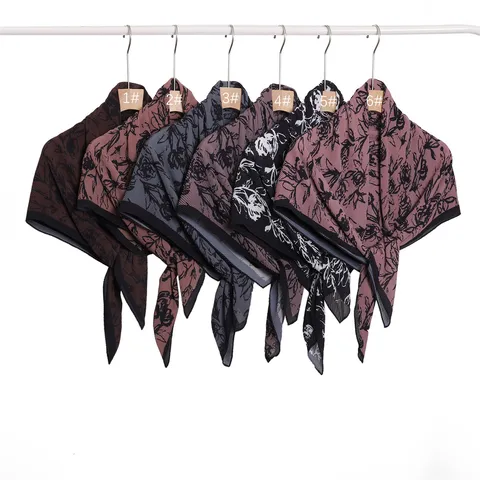 Vintage Rose Floral Chiffon Scarf Pleated Stripe Head Wrap Square Scarf Women Sun Protection Shawl Neck Scarf