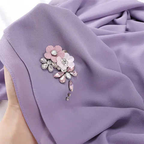 Womens Chiffon Scarf Solid Color Rhinestone Beaded Floral Dragonfly Decoration Elegant Long Shawl Wrap For Ladies