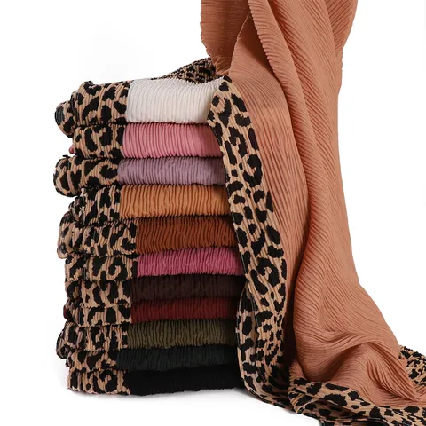 Mode Femmes Longue Écharpe Automne Hiver Couleur Unis Bords Imprimé Léopard Plissé Doux Respirant Châle Foulard