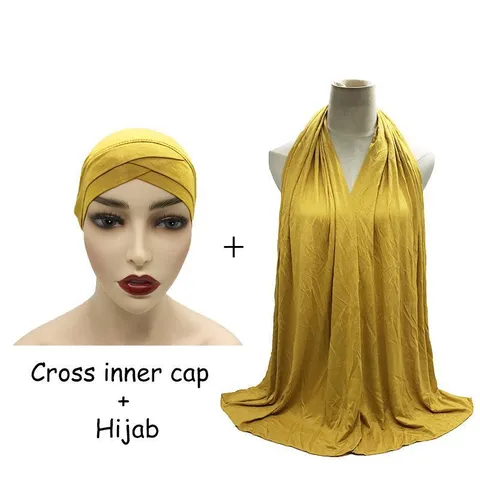 Modal Stretch Cross Front Inner Cap And Large Size Scarf Set Women Solid Color Casual Hijab Headwear Wrap