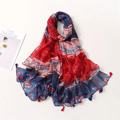 Bohemian Red Blue Floral Print Scarf Tassels Decorative Shawl Cotton Viscose Fashion Long Scarf For Women