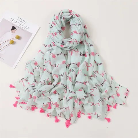 Damen Mode Leicht Gewebt Baumwolle Schal Flamingo Druck Quaste Lässig Tägliche Sonnenschutz Langer Schal Tuch