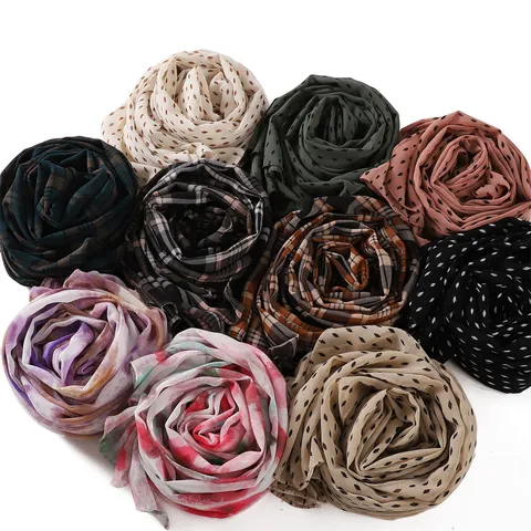Women Fashion Chiffon Scarf Geometric Polka Dot Plaid Print Long Head Scarf Muslim Hijab Wrap Shawl Accessories
