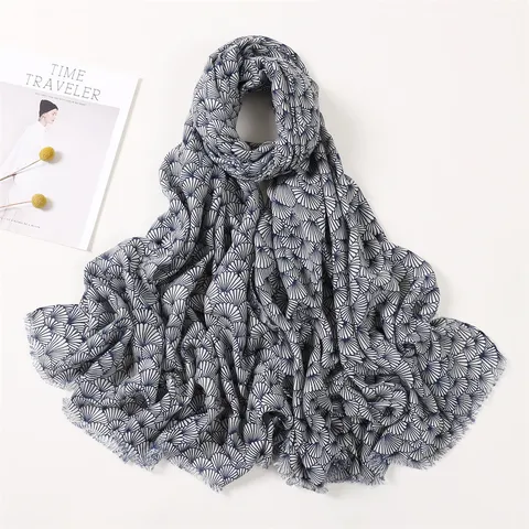 Women's Cotton Linen Scarf Vintage Geometric Fan Print Long Shawl Soft Lightweight Tassel Scarves Daily Fashion Wrap