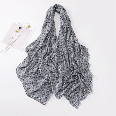 Women's Cotton Linen Scarf Vintage Geometric Fan Print Long Shawl Soft Lightweight Tassel Scarves Daily Fashion Wrap