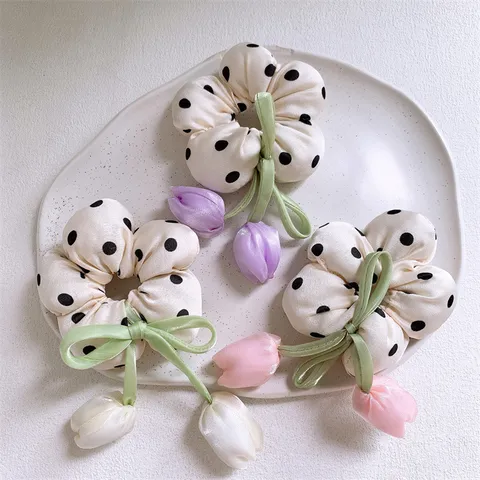 Scrunchies in Raso con Fiori di Tulipano Carini Pois Corde per Capelli Accessori per Capelli Dolci per Donne Ragazze Styling Quotidiano