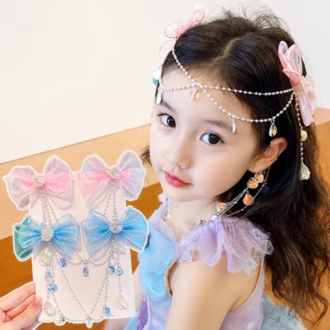 Bambini Sirena Conchiglia Nappa Fermaglio per Capelli Auricolare Set Graziosa Principessa Organza Fiocco Perla Accessori per Capelli Gioielli per Ragazze