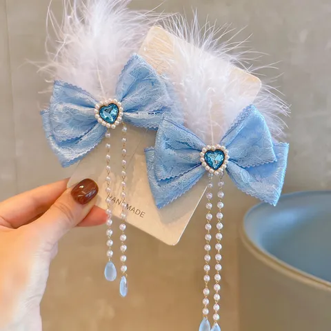 Molla per Capelli con Fiocco Blu in Pizzo a Rete da Principessa per Bambini Simpatici Accessori per Capelli con Strass e Perle