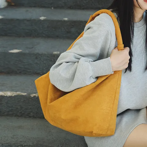 Women's Vintage Suede Tote Bag Large Capacity Casual Commuting Shoulder Bag Solid Color Soft Hobo Handbag