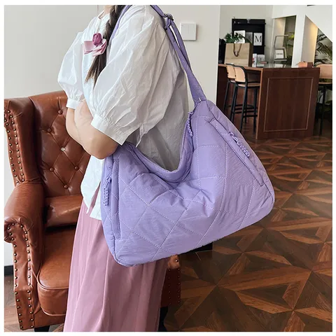 Large Capacity Nylon Quilted Tote Bag Casual Lightweight Padded Shoulder Bag Versatile Daily Shopper Bag For Women