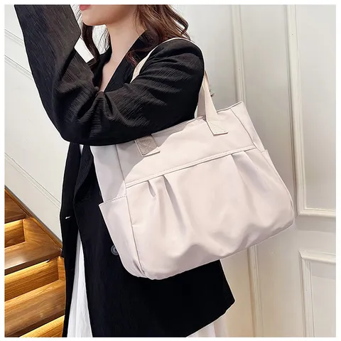 Large Capacity Nylon Tote Bag Women Casual Commuter Shoulder Bag Solid Color Simple Handbag Daily Travel Bag