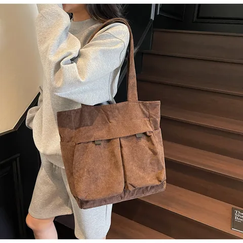 Women Corduroy Tote Bag Large Capacity Casual Shoulder Bag Commuter Handbag