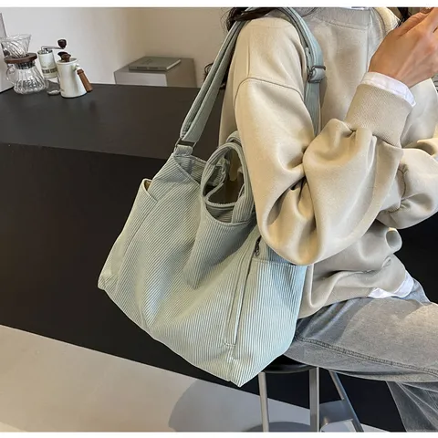 Women Corduroy Tote Bag Large Capacity Casual Shoulder Handbag Simple Commuter Crossbody Bag For School Daily Work