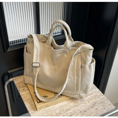 Women Corduroy Tote Bag Large Capacity Casual Shoulder Handbag Simple Commuter Crossbody Bag For School Daily Work